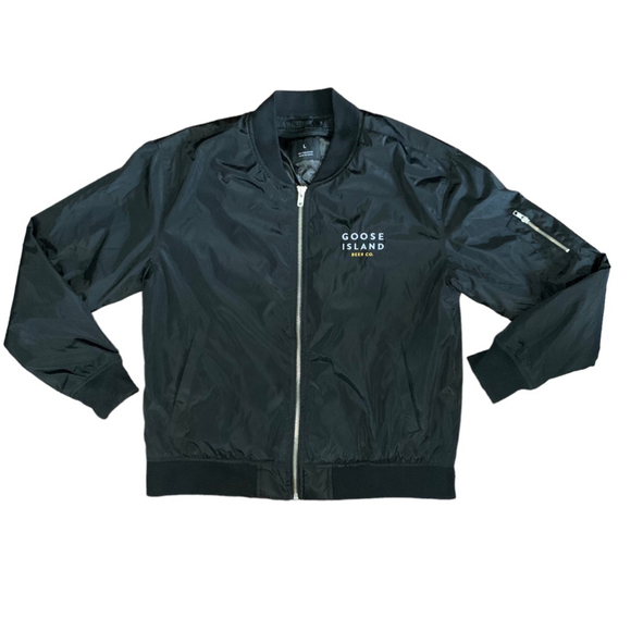BOMBER JACKET GOOSE ISLAND‎ BEER CO Black Full Zip Jacket Coat Men Large - Picture 1 of 11